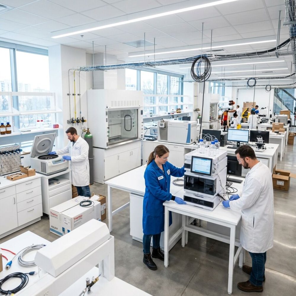 Newly fitted laboratory with benches and fume hoods